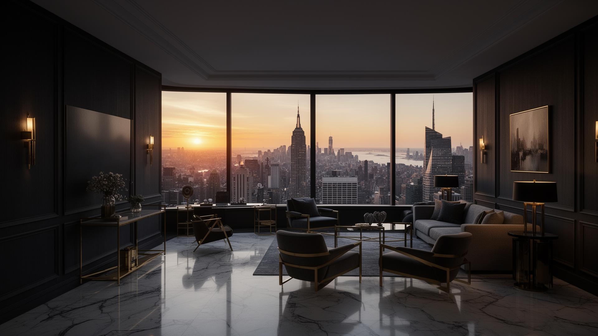 Luxury Manhattan penthouse interior at dusk overlooking the NYC skyline